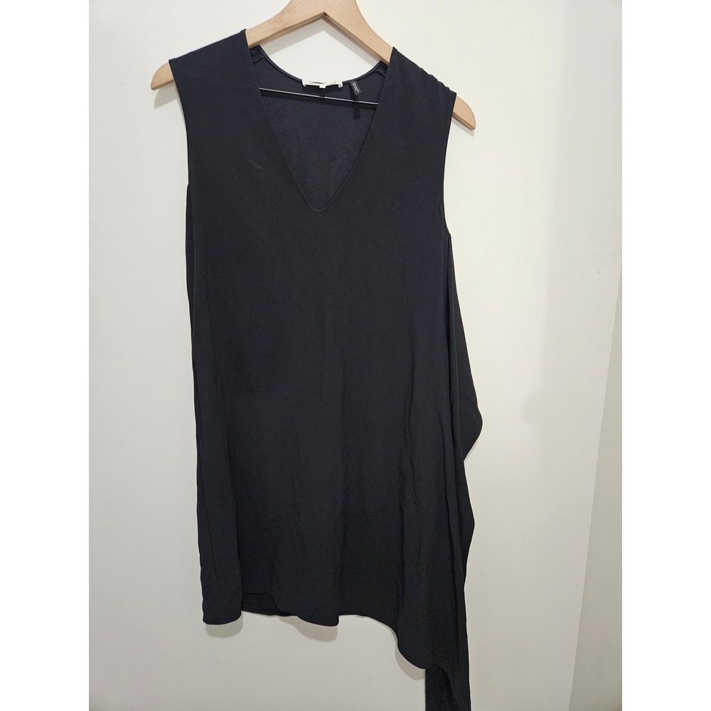 Helmut Lang Navy Blue Asymmetrical Draped V-Neck Silk Trim DressSW-DD0937 Size S